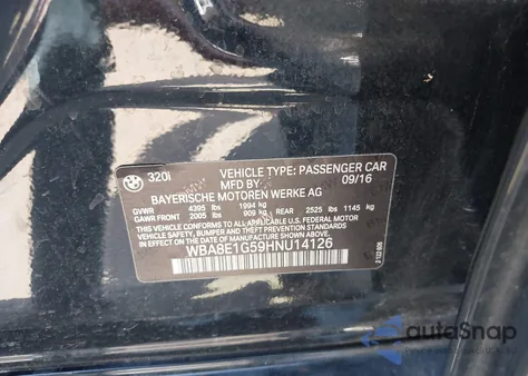 2017 BMW 320I z USA, uszkodzony, nr VIN WBA8E1G59HNU14126